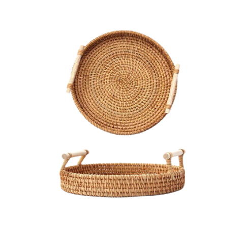 Round Rattan Tray with Handles