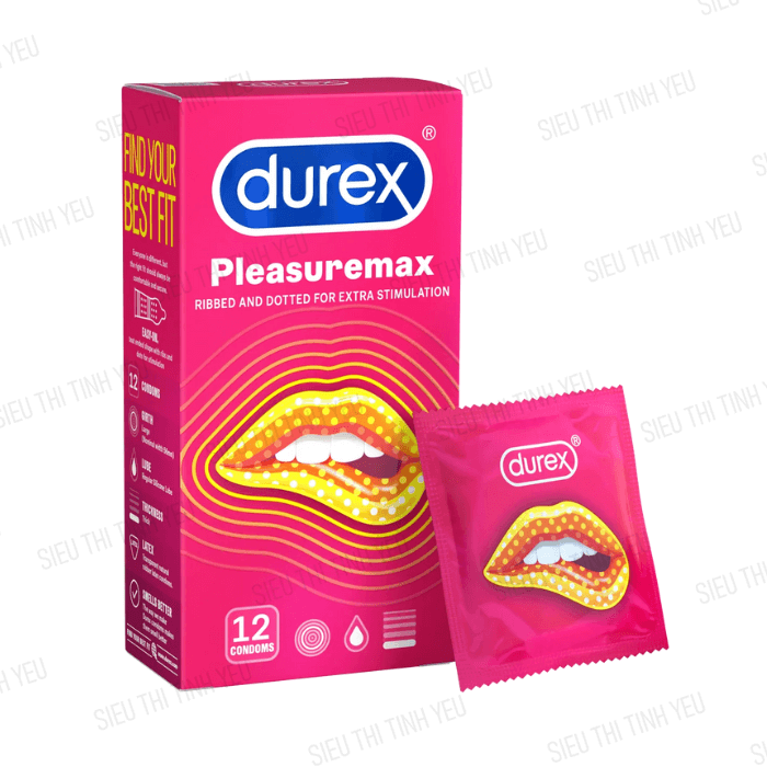 Bao cao su Durex Pleasuremax thân gân và gai hạt nổi nhỏ Hộp 12 cái