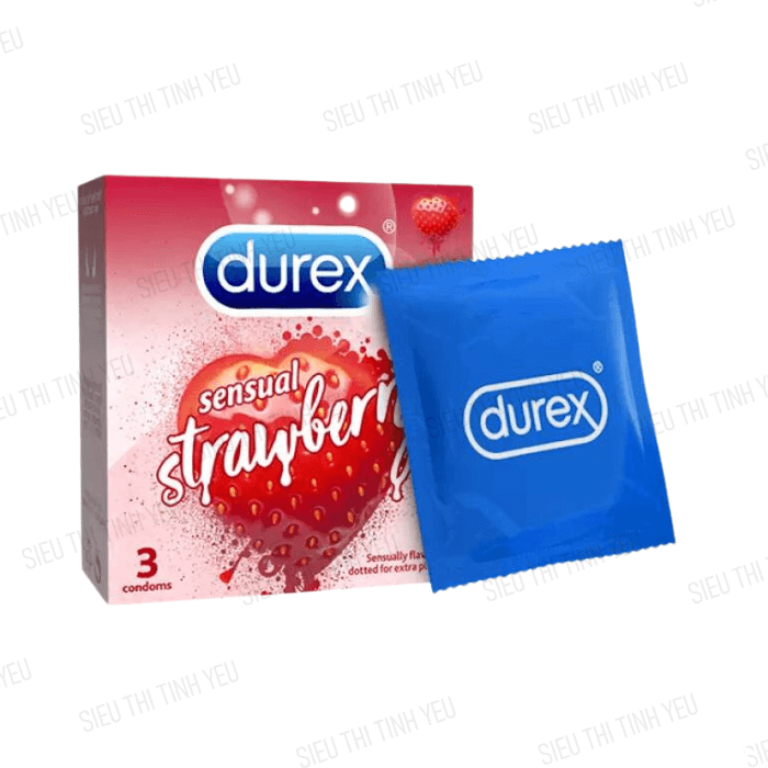 Bao cao su Durex Sensual Strawberry mình gai hạt nổi nhỏ mùi dâu tây Hộp 3 cái