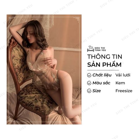 Bộ đồ tạp dề thêu hình con chuồn chuồn quyến rũ kèm quần lọt khe