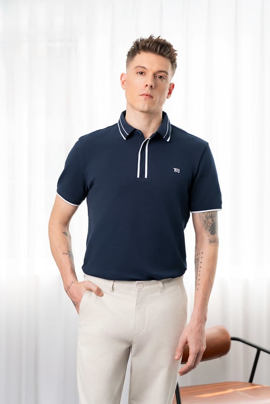 Áo polo trơn bo kẻ logo ngực TRN FSTP012 — ảnh phẳng