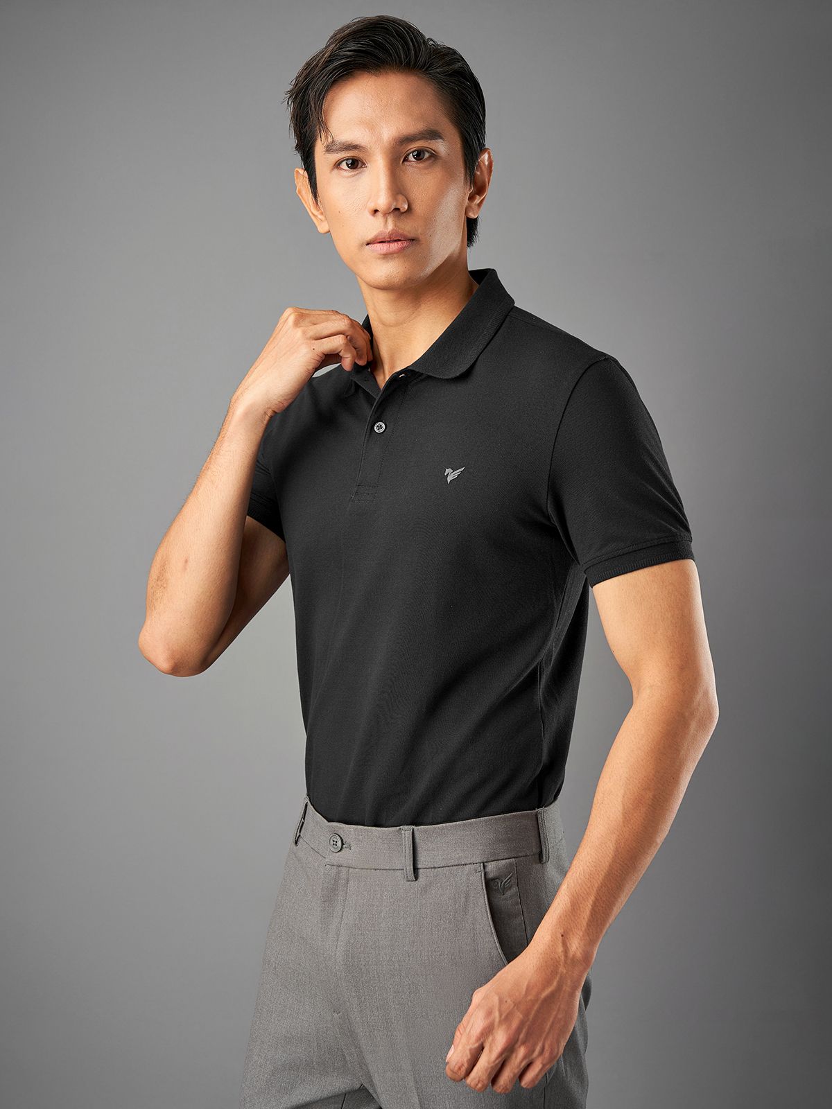  Áo Polo trơn basic đen thêu logo ngực ESTP038 - Đen 