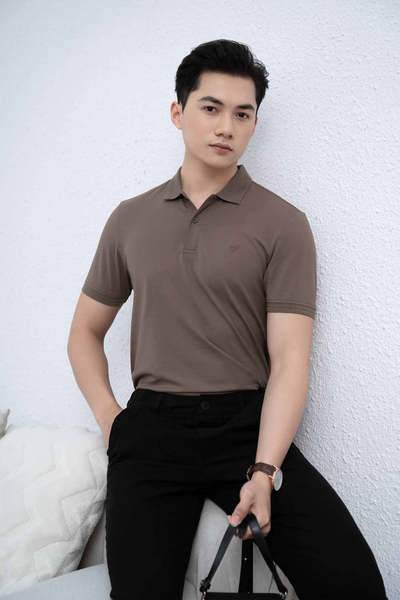  Áo Polo trơn basic thêu logo ngực ESTP038 - Nâu 