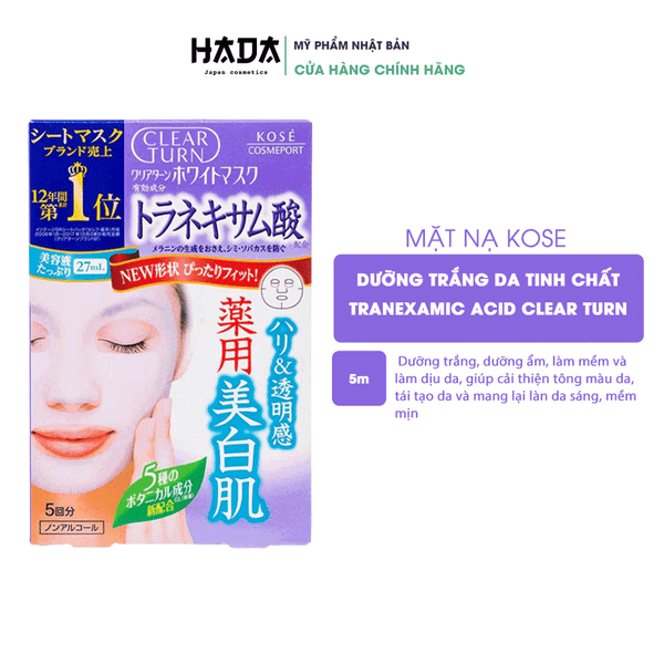 MẶT NẠ KOSE DƯỠNG TRẮNG DA TINH CHẤT TRANEXAMIC ACID CLEAR TURN HỘP 5 MIẾNG