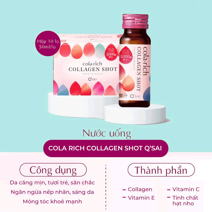 Collagen dạng nước Cola-rich Collagen Shot Q'sai Nhật Bản Hộp 10 lọ 50ML
