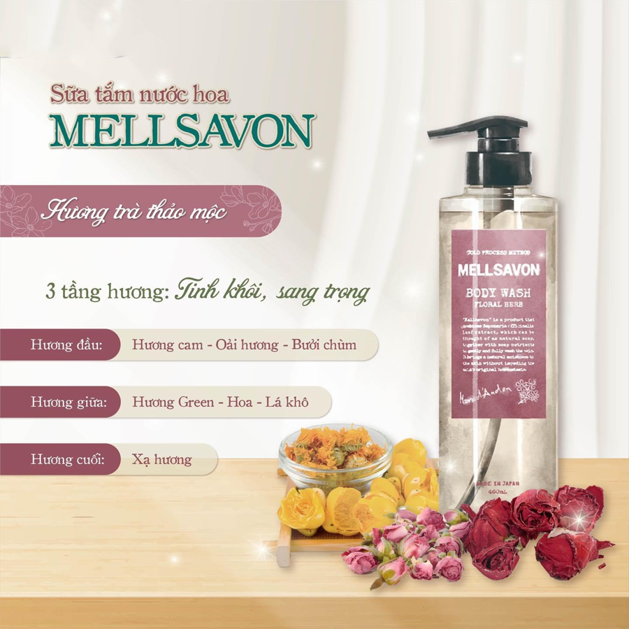SỮA TẮM NƯỚC HOA DƯỠNG MỀM MỊN DA MELLSAVON HƯƠNG HOA CAM NGỌT NGÀO 460ML