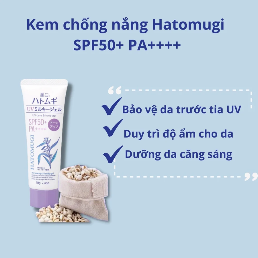 Kem Chống Nắng Hatomugi UV Care & Tone Up Moisturizing SPF50+ PA++++ Nhật Bản Chiết Xuất Hạt Ý Dĩ Dưỡng Trắng Nâng Tone 70 gr
