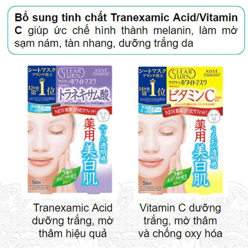 MẶT NẠ KOSE DƯỠNG TRẮNG DA TINH CHẤT TRANEXAMIC ACID CLEAR TURN HỘP 5 MIẾNG
