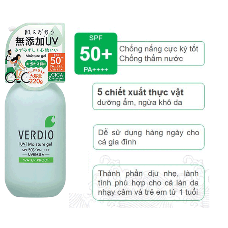 GEL CHỐNG NẮNG DƯỠNG ẨM CHO DA NHẠY CẢM OMI VERDIO SPF50+ PA++++ CHAI VÒI NHÃN XANH 220G