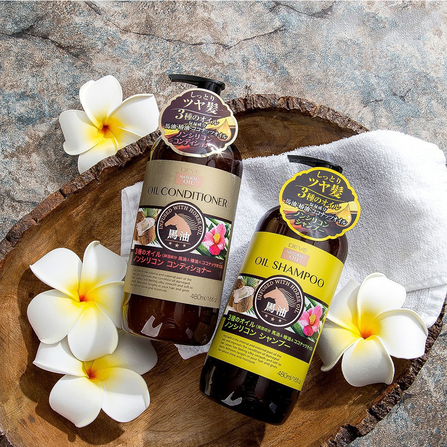 Bộ Dầu Gội Xả Chiết Xuất Dầu Ngựa Dầu Dừa Dầu Hoa Trà KUMANO Nhật Bản 480ml