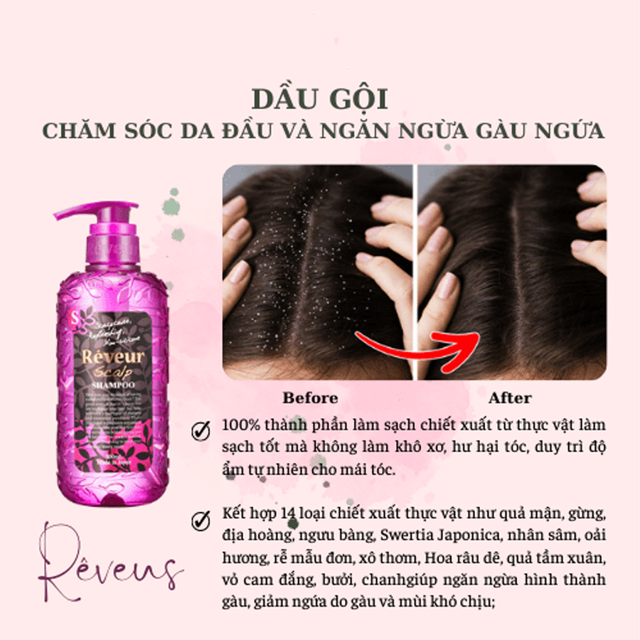 Dầu gội,dầu xả chăm sóc da đầu và ngăn ngừa gàu ngứa Rêveur 500ml
