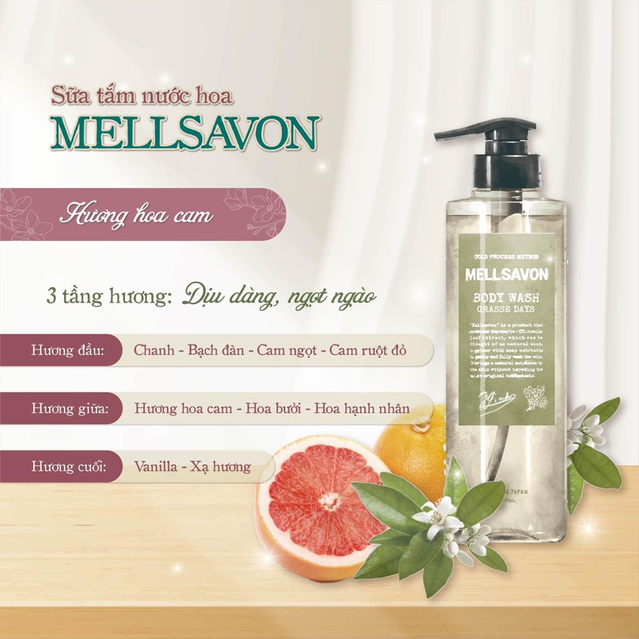 SỮA TẮM NƯỚC HOA DƯỠNG MỀM MỊN DA MELLSAVON HƯƠNG HOA CAM NGỌT NGÀO 460ML