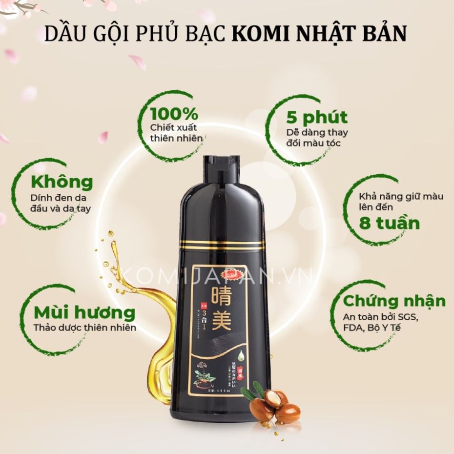 Dầu Gội Komi Phủ Bạc Nhật Bản 500ml - Màu đen, Màu nâu đen