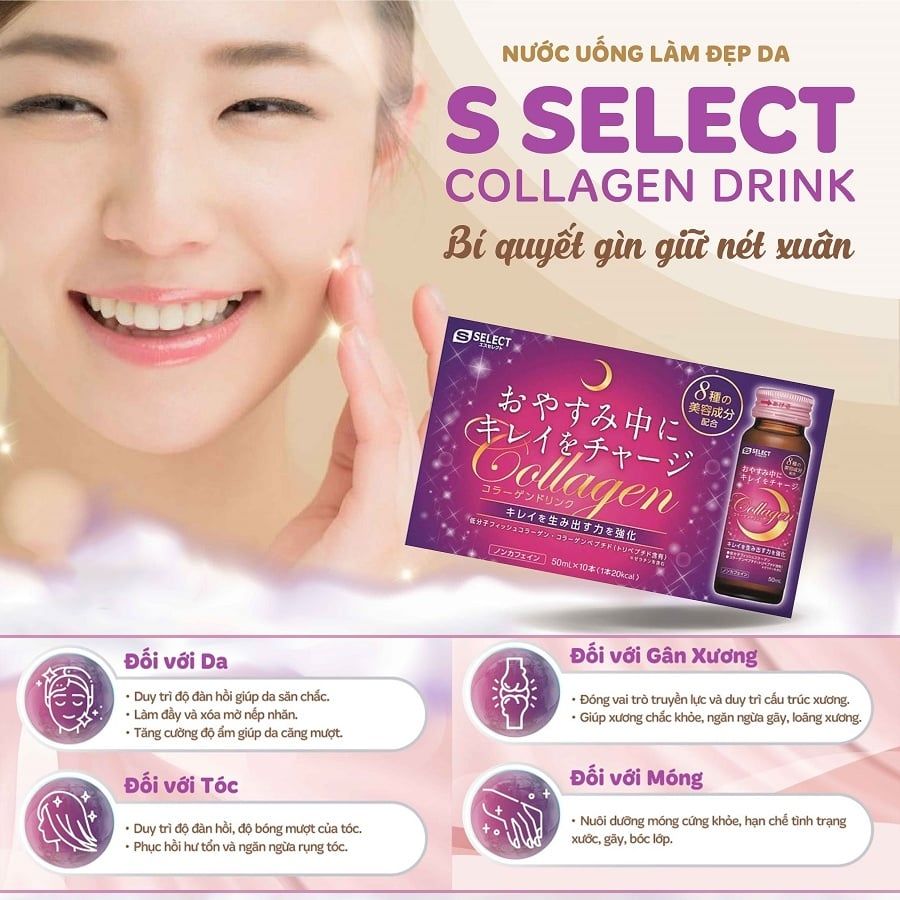Nước uống Collagen  S Select Collagen Drink Làm Mờ Vết Nhăn, Làm Mềm Mịn Da, Tăng Đàn Hồi Da, Giúp Móng, Tóc Chắc Khỏe