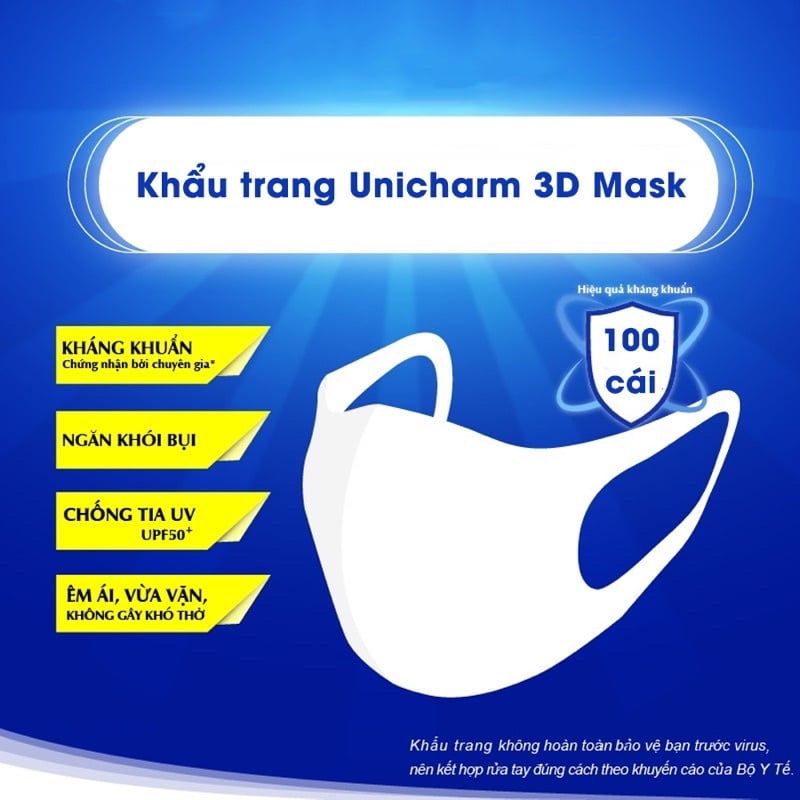 [Khẩu Trang 3D Unicharm] Ngăn Khói Bụi, Vi Khuẩn Nhật Bản (Hộp 100 cái)