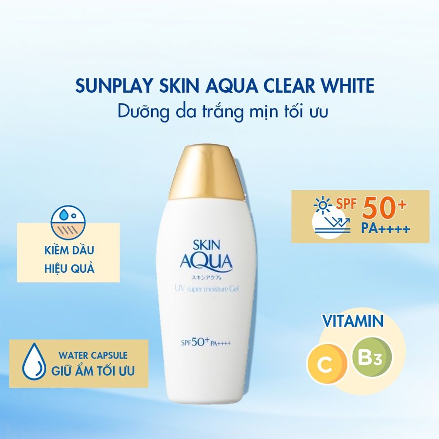 Kem chống nắng Sunplay Skin Aqua Clear White Nắp vàng_Dưỡng Da Trắng Mịn, Kiềm Dầu, Giữ Ẩm, Lâu Trôi SPF50+, PA++++