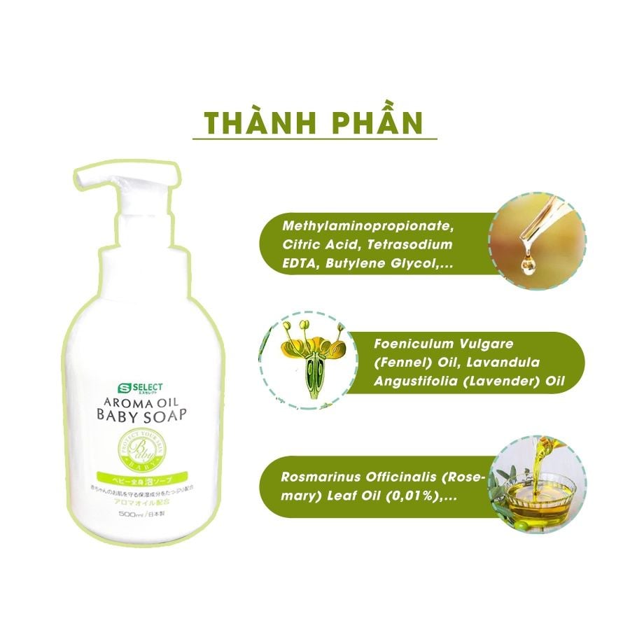 [Sữa Tắm Tinh Dầu Thơm Thiên Nhiên Cho Bé ] Aroma Oil Baby Soap S Select Tạo Bọt Cấp Ẩm Mềm Mịn Da Không Kích Ứng 500ML