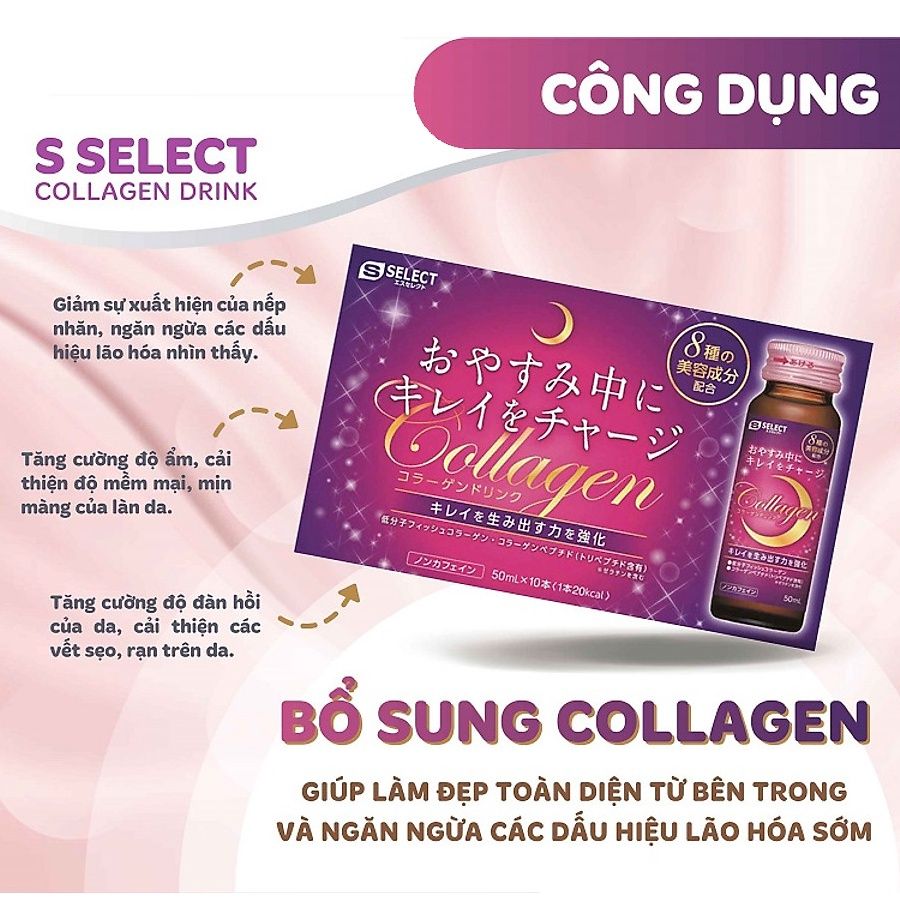Nước uống Collagen  S Select Collagen Drink Làm Mờ Vết Nhăn, Làm Mềm Mịn Da, Tăng Đàn Hồi Da, Giúp Móng, Tóc Chắc Khỏe