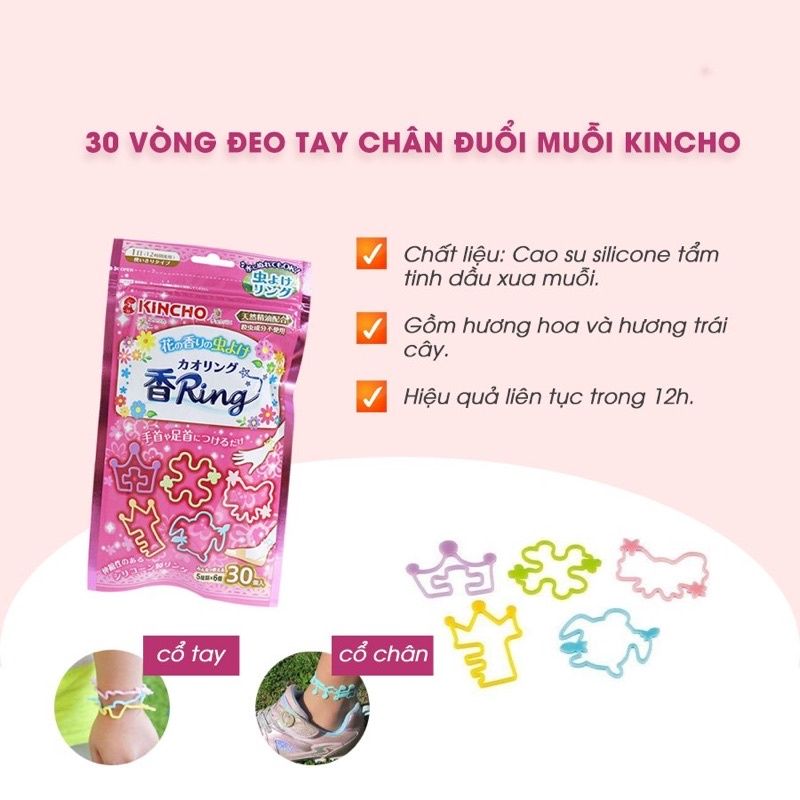Vòng Đeo Chống Muỗi, Đuổi Muỗi, Tránh Muỗi Kincho Chiết Xuất Hoa, Trái Cây (Bịch 30 Vòng)