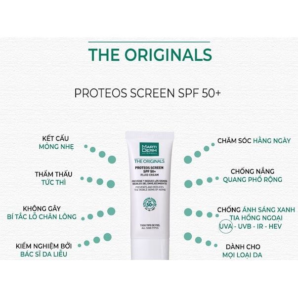 [Kem Chống Nắng Cao Cấp] Phổ Rộng Toàn Diện Ngừa Lão Hóa Martiderm The Originals Proteos Screen  SPF50+ 40ml