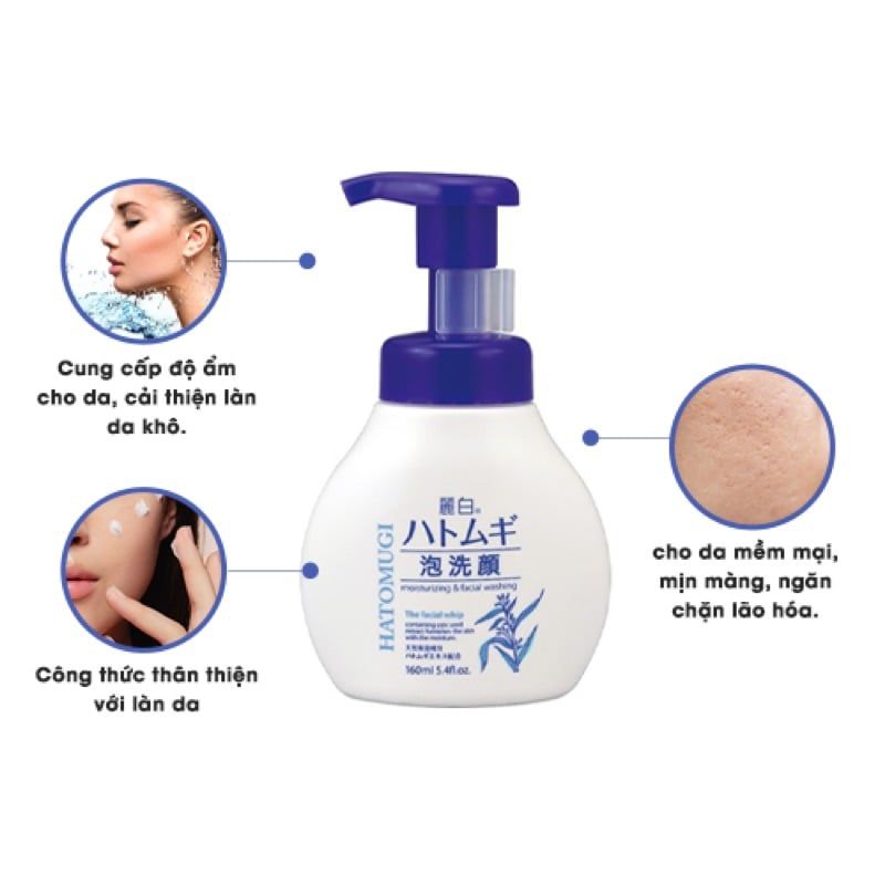 Sữa Rữa Mặt Dịu Nhẹ Tạo Bọt Hatomugi Nhật Bản Chiết Xuất Hạt Ý Dĩ Giúp Sạch Sâu, Dưỡng Ẩm, Trắng Da 160 ml