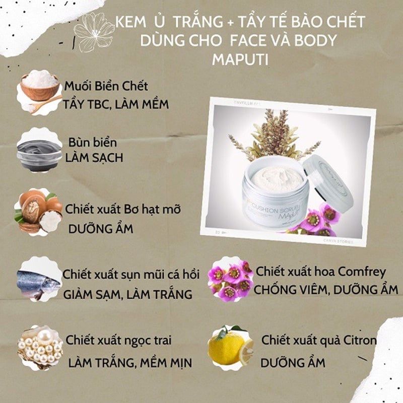 Kem Ủ Trắng, Tẩy Tế Bào Chết Toàn Thân Hữu Cơ MAPUTI Nhật Bản 150g