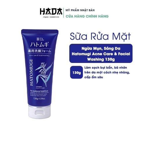 Sữa Rửa Mặt HATOMUGI Ý Dĩ Ngừa Mụn, Kiềm Dầu, Trắng Da Dành Cho Da Dầu Màu Xanh Dương Nhật Bản 130g