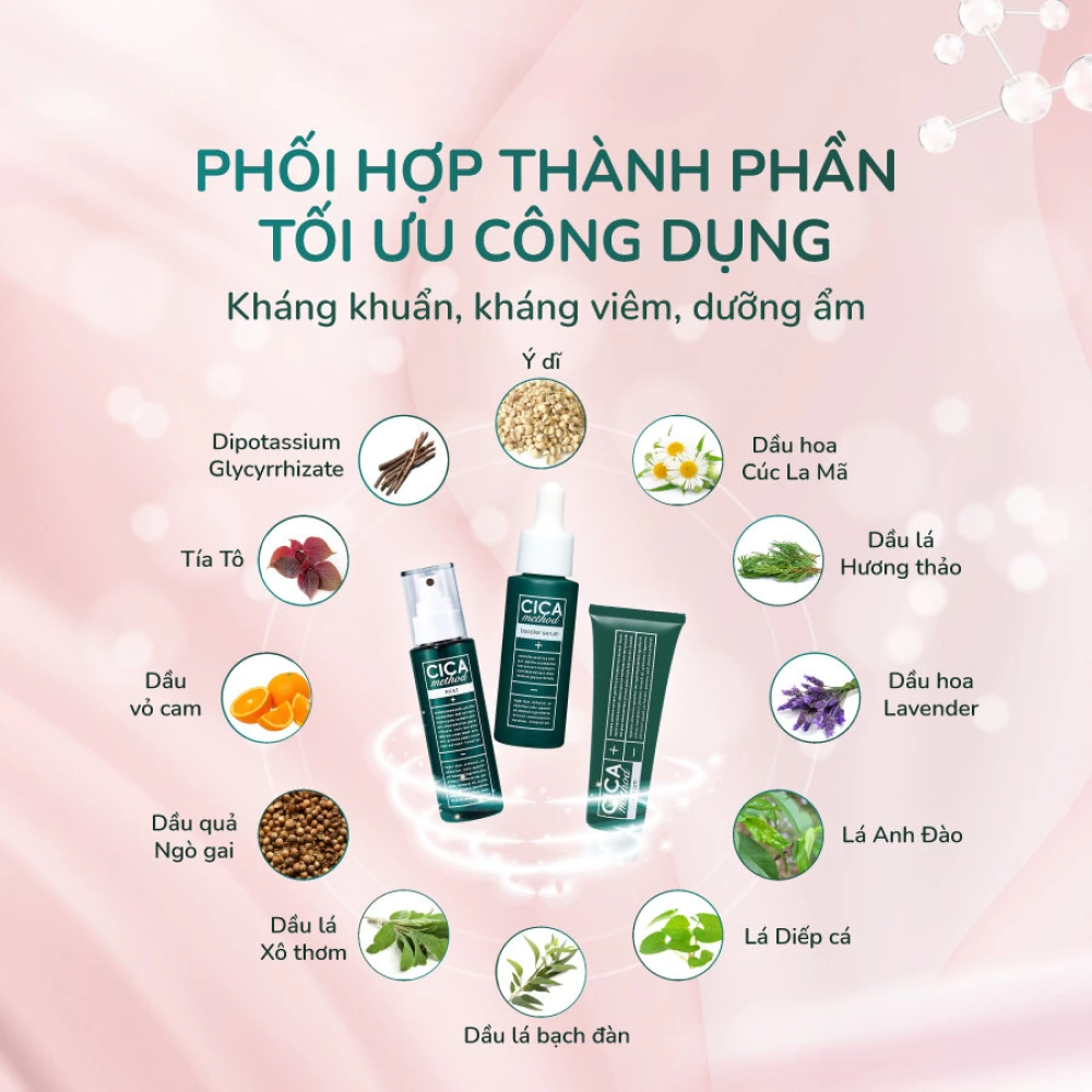Combo chăm sóc toàn diện cho da mụn Cica Method (Kem dưỡng, tinh chất và xịt phun sương)