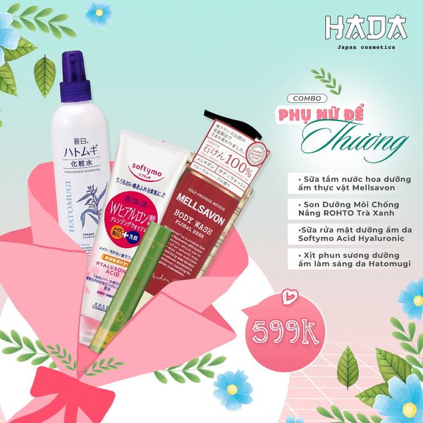 Combo Sữa tắm Mellsavon + Son dưỡng Rohto + Sữa rửa mặt Softymo + Xịt phun Hatomugi