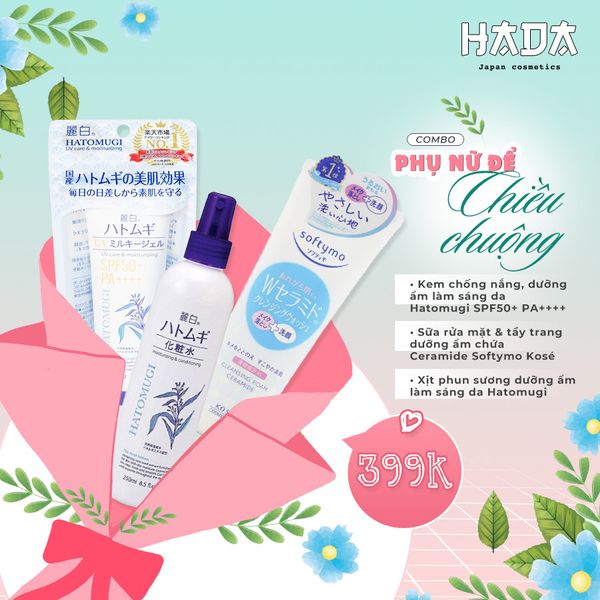 Combo Kem chống nắng và xịt phun sương Hatomugi + Sữa rửa mặt và tẩy trang Softymo Kosé