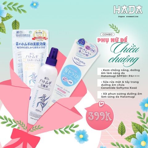Combo Kem chống nắng và xịt phun sương Hatomugi + Sữa rửa mặt và tẩy trang Softymo Kosé