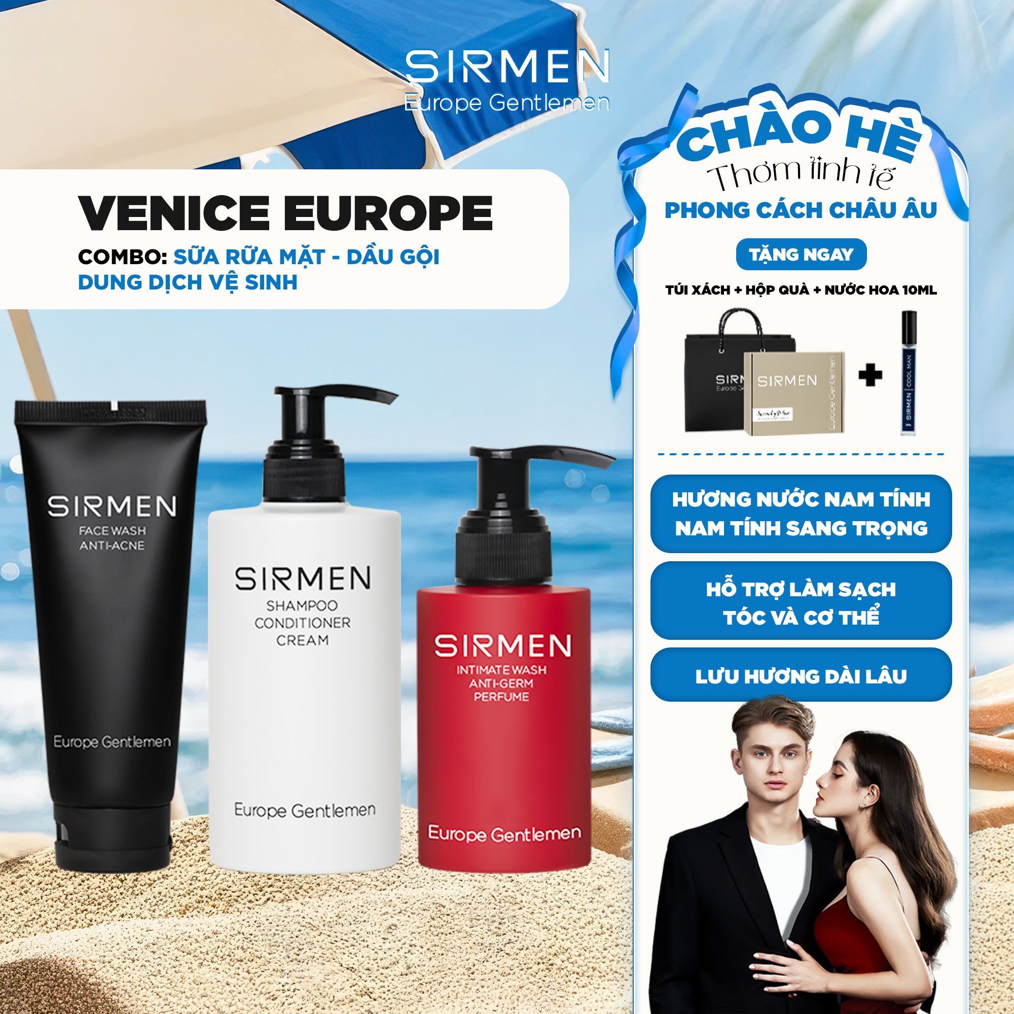  Bộ quà tặng cho nam VENICE EUROPE Sữa rửa mặt nam 2in1 100g Dầu gội nam 3in1 320g và Dung dịch vệ sinh nam 3in1 100g hương nước hoa SIRMEN Europe Gentlemen 