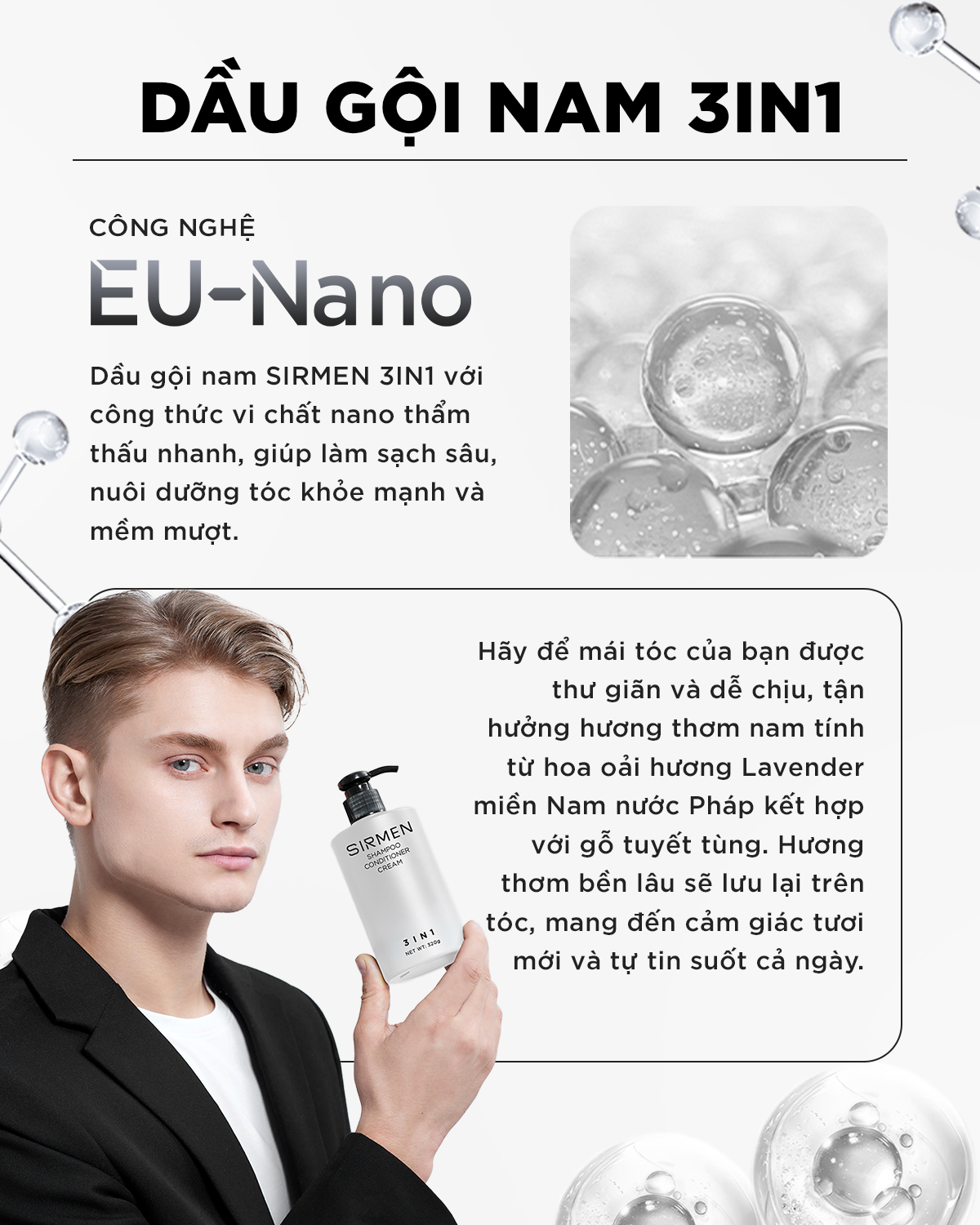 Dầu gội xả dưỡng nam 3 in 1 hương nước hoa châu Âu SIRMEN Europe Gentlemen giúp sạch da đầu, tóc chắc khoẻ công nghệ EU-Nano 320g