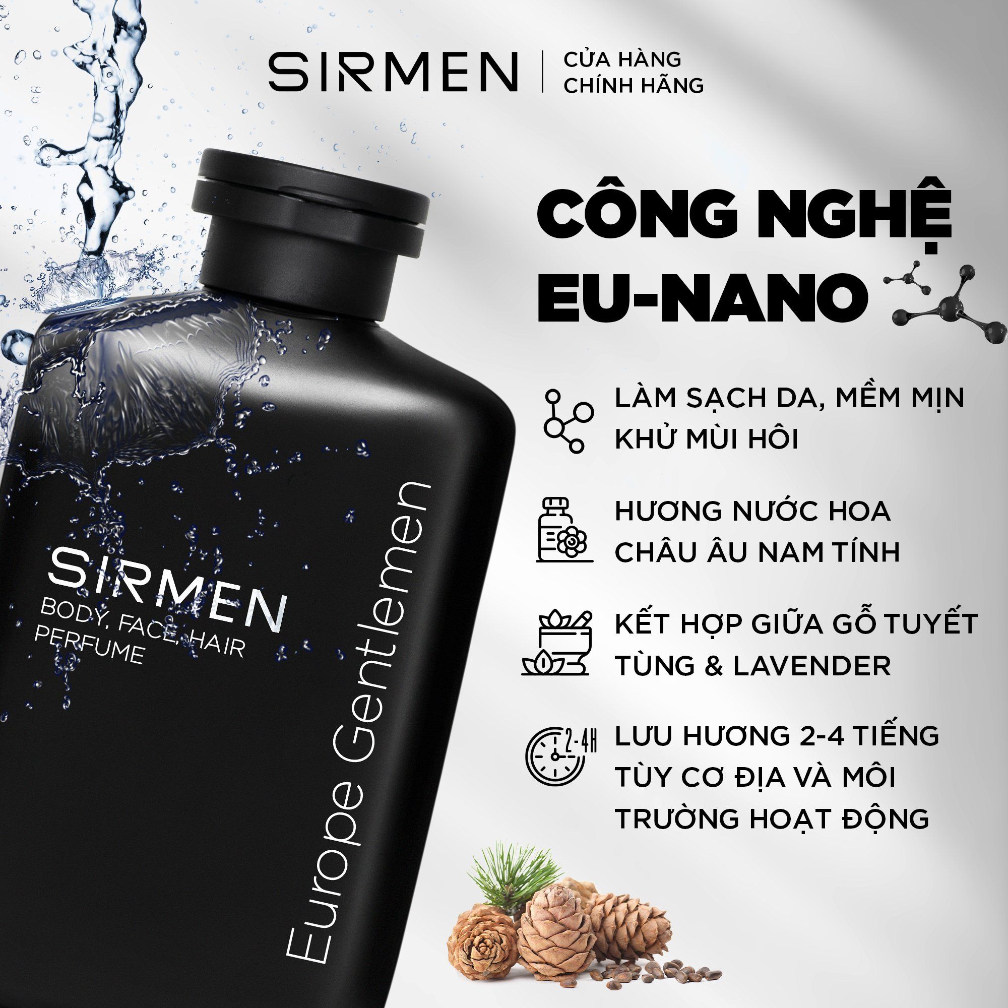 Sữa tắm gội nam 4 in 1 hương nước hoa châu Âu SIRMEN Europe Gentlemen cao cấp 350g công nghệ EU-Nano đậm đặc gấp 2 lần