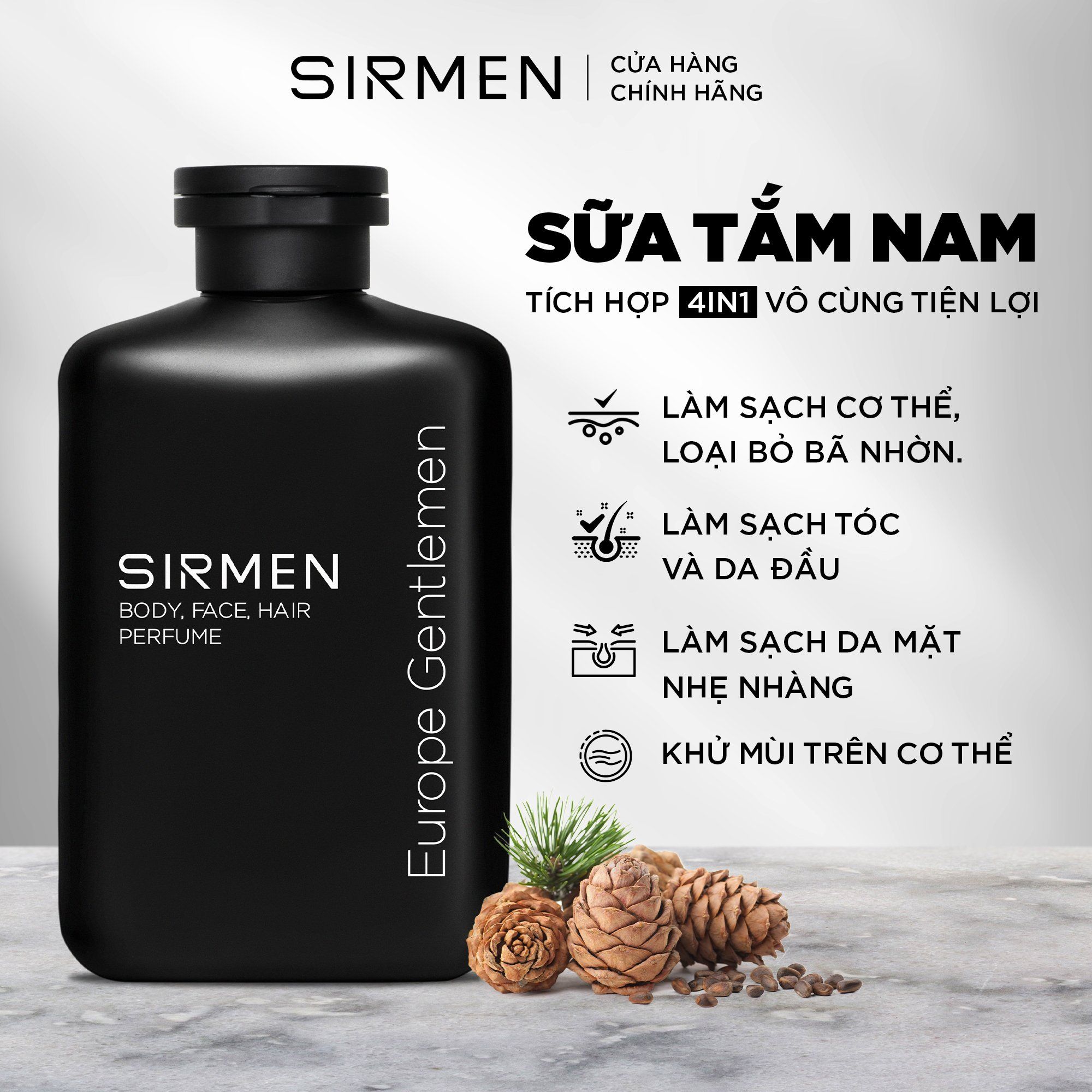 Sữa tắm gội nam 4 in 1 hương nước hoa châu Âu SIRMEN Europe Gentlemen cao cấp 350g công nghệ EU-Nano đậm đặc gấp 2 lần