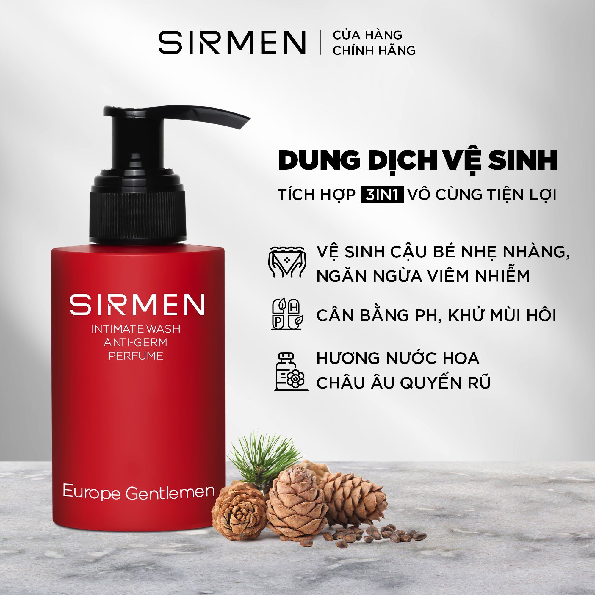  [CHE TÊN SẢN PHẨM] Dung dịch vệ sinh nam 3 in 1 SIRMEN Europe Gentlemen hương nước hoa châu Âu nam tính quyến rũ cao cấp 100g 