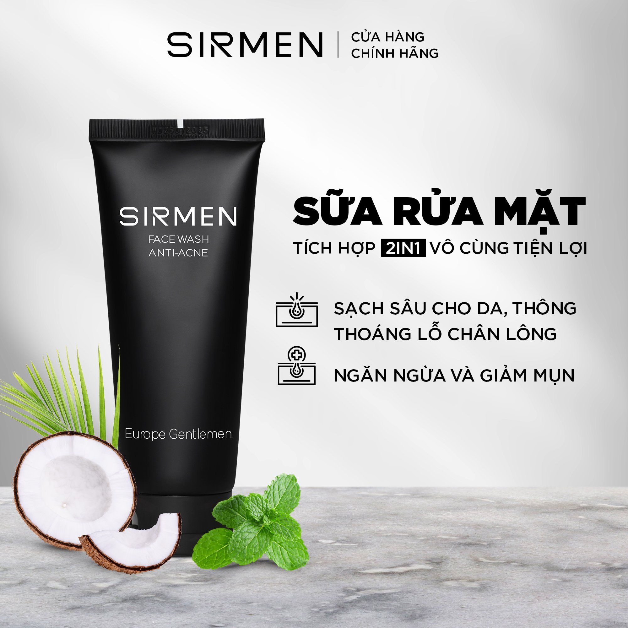  Sữa rửa mặt nam 2 in 1 nguyên liệu châu Âu SIRMEN Europe Gentlemen cao cấp 100g chiết xuất tự nhiên công nghệ EU-Nano 