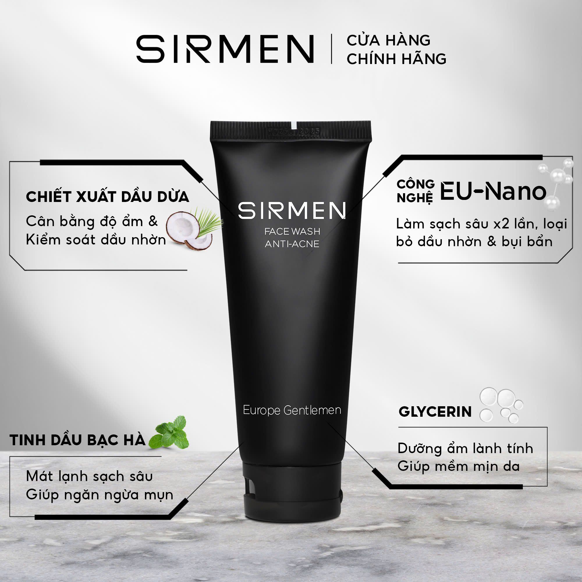  Sữa rửa mặt nam 2 in 1 nguyên liệu châu Âu SIRMEN Europe Gentlemen cao cấp 100g chiết xuất tự nhiên công nghệ EU-Nano 