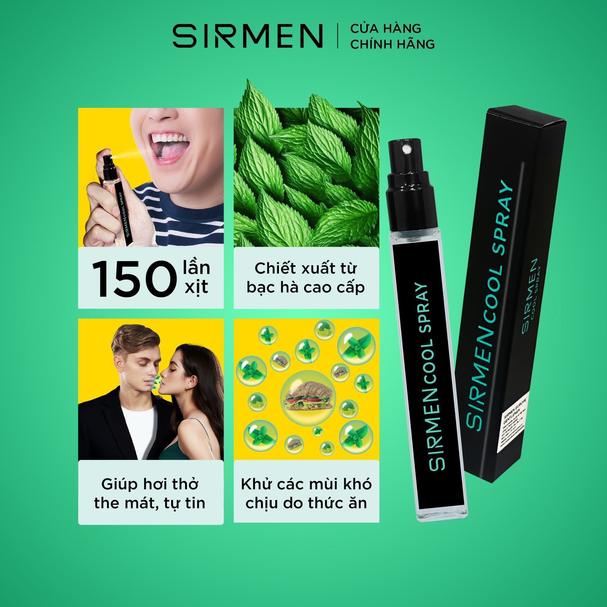 Xịt thơm miệng SIRMEN Europe Mint Cool Spray vị bạc hà thơm mát tự nhiên, công nghệ EU-Nano kéo dài 180 phút chai 10ml