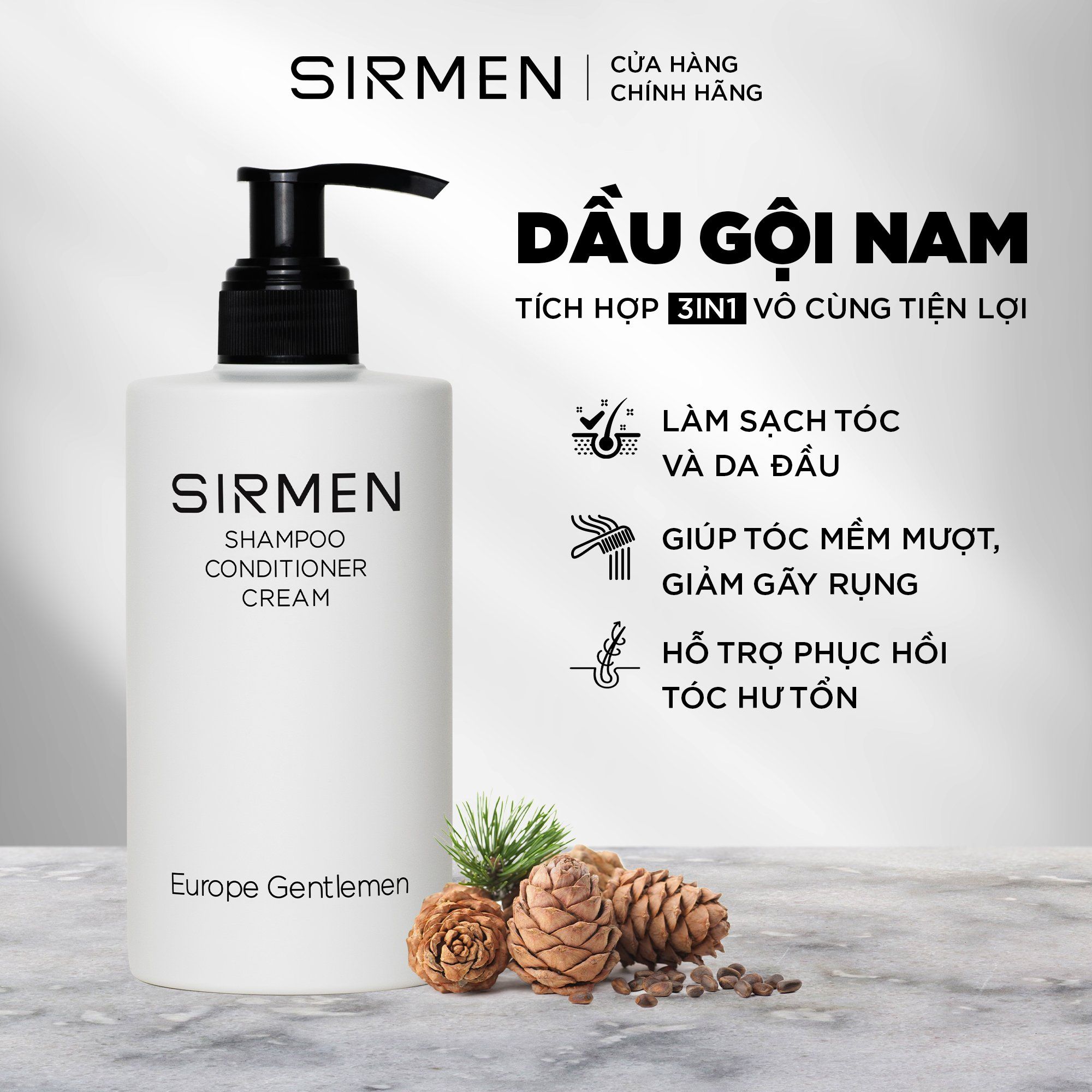 Dầu gội nam 3 in 1 hương nước hoa châu Âu SIRMEN Europe Gentlemen giúp sạch da đầu, tóc chắc khoẻ công nghệ EU-Nano 320g