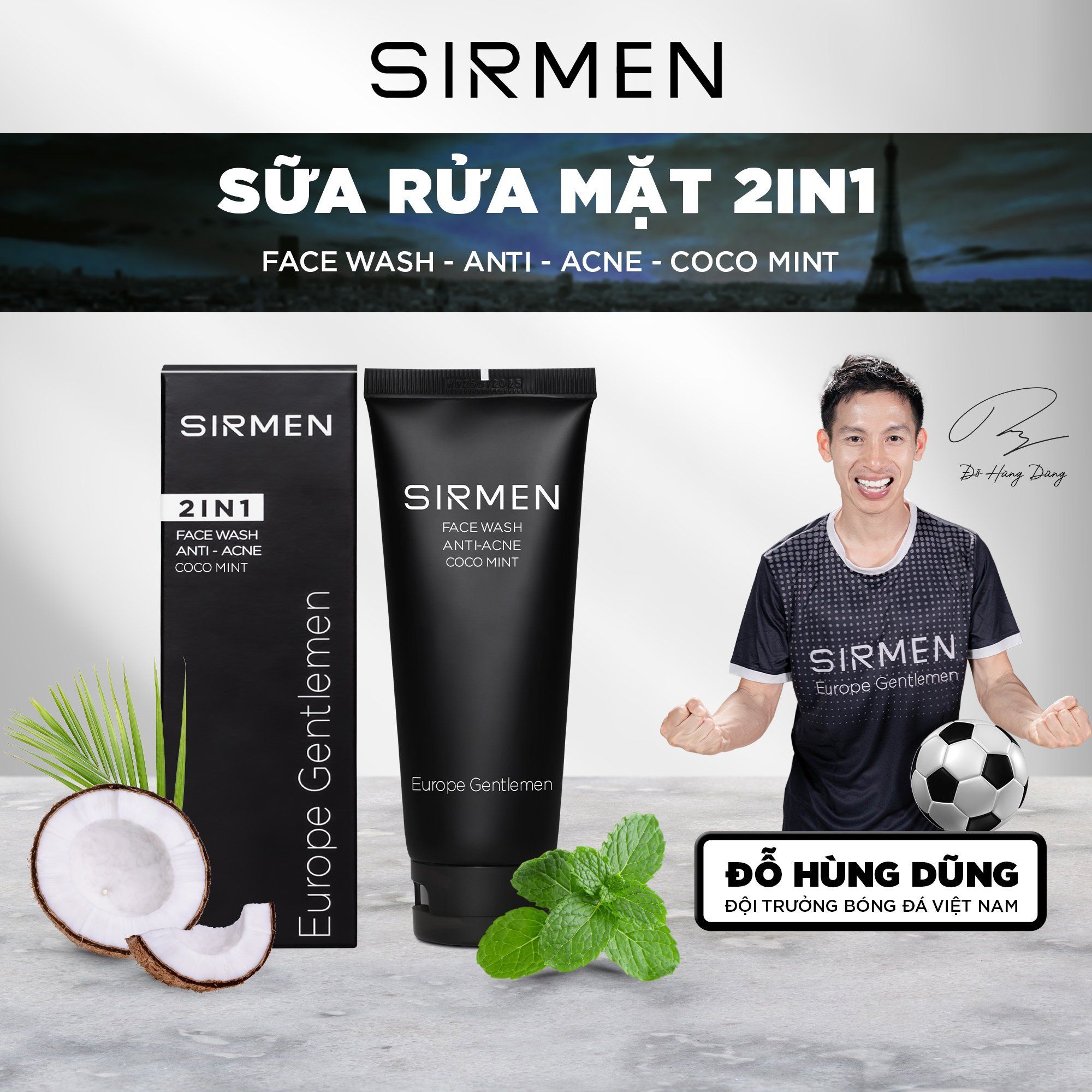 Sữa rửa mặt nam 2 in 1 nguyên liệu châu Âu SIRMEN Europe Gentlemen cao cấp 100g chiết xuất tự nhiên công nghệ EU-Nano 