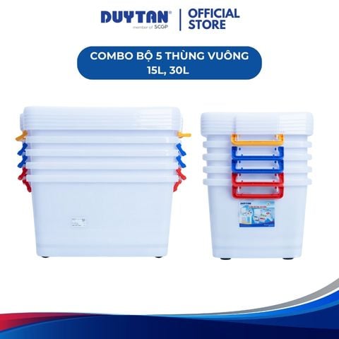 Combo 5 Thùng Vuông 15Lít, 30Lít, 55 Lít, 90 Lín DUY TÂN nhựa PP, thùng đựng thực phẩm, thùng đựng đồ đa năng