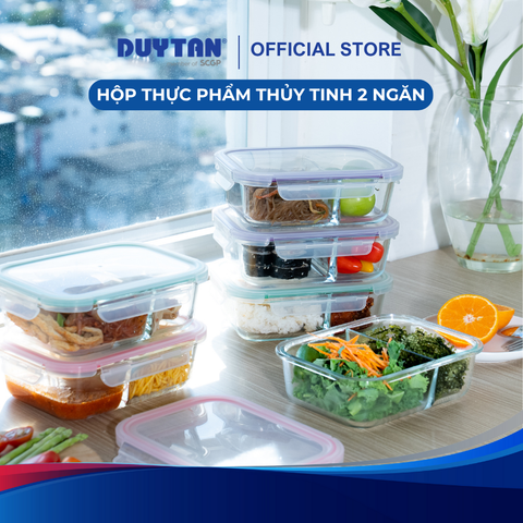 Hộp Thực Phẩm 2 Ngăn Thủy Tinh Chịu Nhiệt DUY TÂN – Kèm Ron Chống Tràn