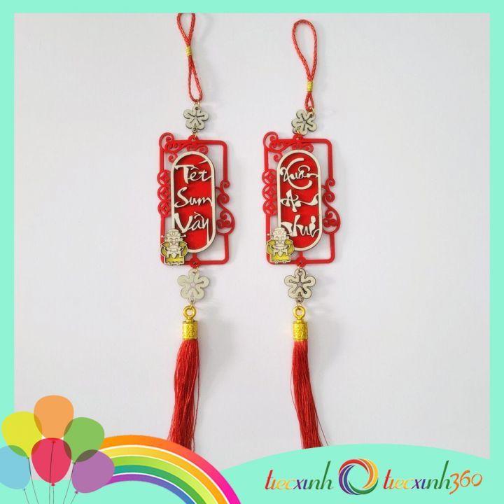  Set 2 phụ kiện treo trang trí Tết bằng gỗ viền nhung ( An Vui) 