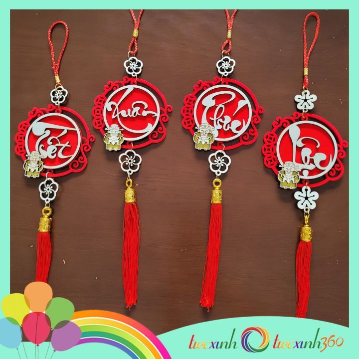  Set 2 phụ kiện treo trang trí Tết bằng gỗ viền nhung ( tết xuân) 
