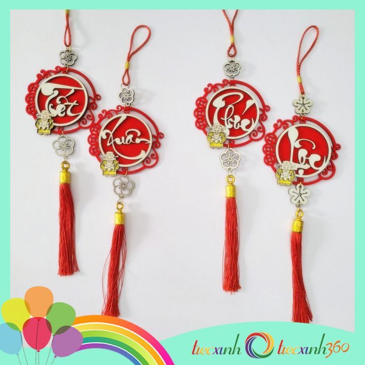  Set 2 phụ kiện treo trang trí Tết bằng gỗ viền nhung ( tết xuân) 