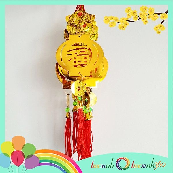  Set 5 dây treo trang trí Tết mẫu lồng đèn chữ Phúc màu vàng lá kẻm 
