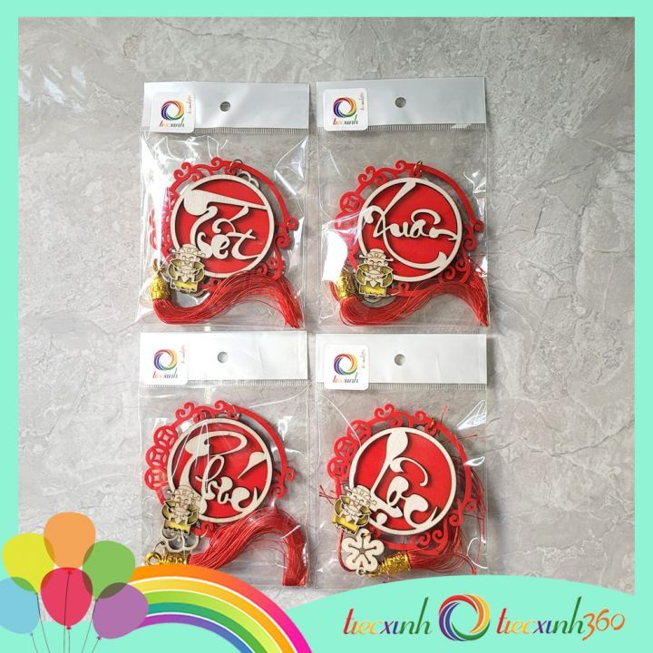  Set 2 phụ kiện treo trang trí Tết bằng gỗ viền nhung ( Phúc Lộc) 