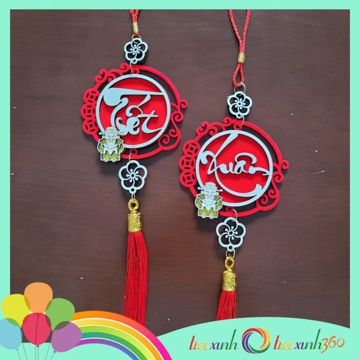  Set 2 phụ kiện treo trang trí Tết bằng gỗ viền nhung ( tết xuân) 