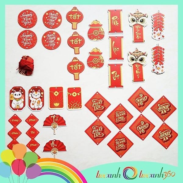  Set 32 tag giấy in 2 mặt trang trí Tết kèm dây treo 